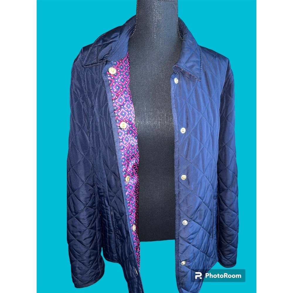 Crown & Ivy Long Women’s Sleeve Button Front Quilted Jacket Navy Blue Size L‎